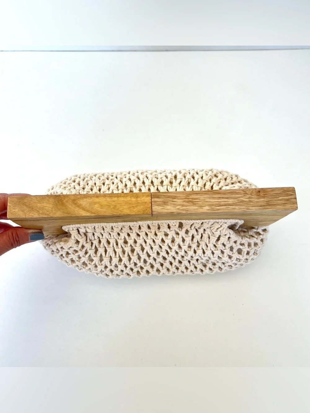 A NEW DAY Cream Macrame Crochet Woven 100% Cotton Wood Handles Handbag Clutch